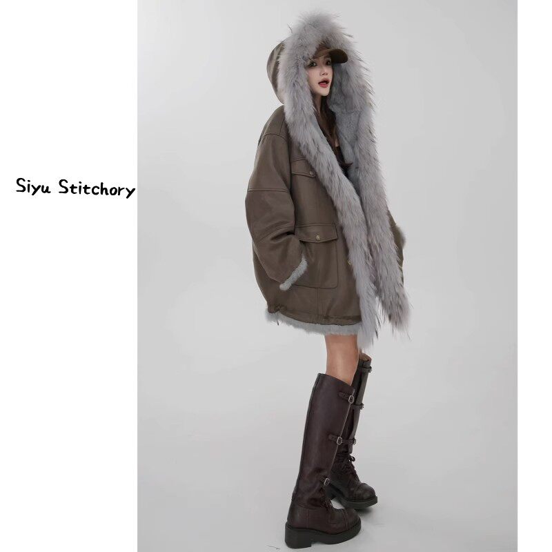 欧洲站秋冬新款时尚气质修身显瘦连帽棉服女中长款皮衣拼毛毛大衣