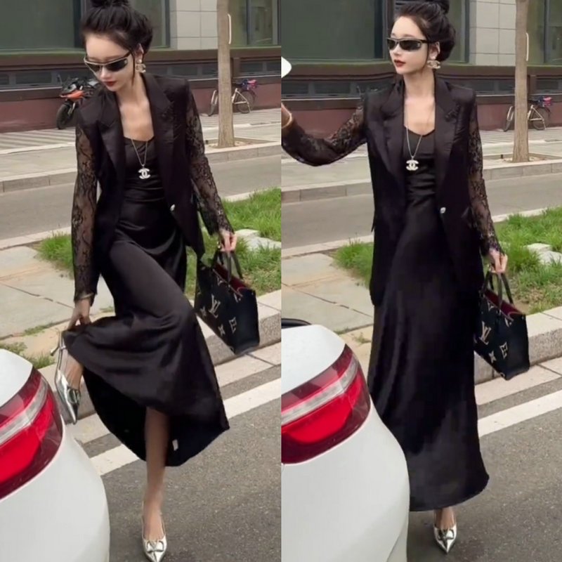 欧洲站气质套装女夏季新款洋气减龄显瘦蕾丝拼接西装外套连衣裙潮