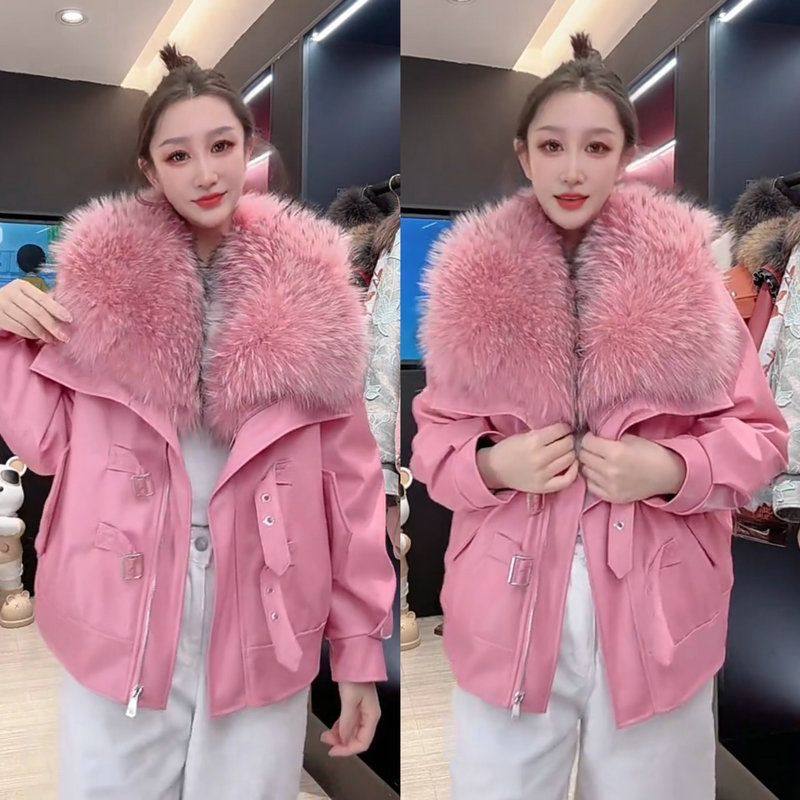 2025年冬季新款粉色翻领大毛领皮衣时尚潮流洋气加厚显瘦减龄外套,女装/女士精品,皮衣,淘宝优惠券,粉丝福利购,淘宝优惠卷