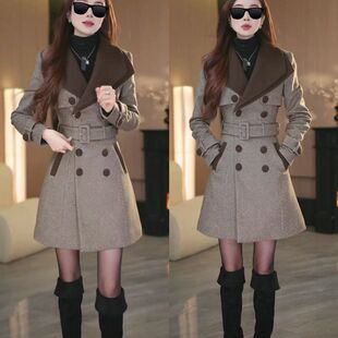 秋冬季新品女装轻熟优雅风毛呢外套气质收腰显瘦双排扣中长款大衣