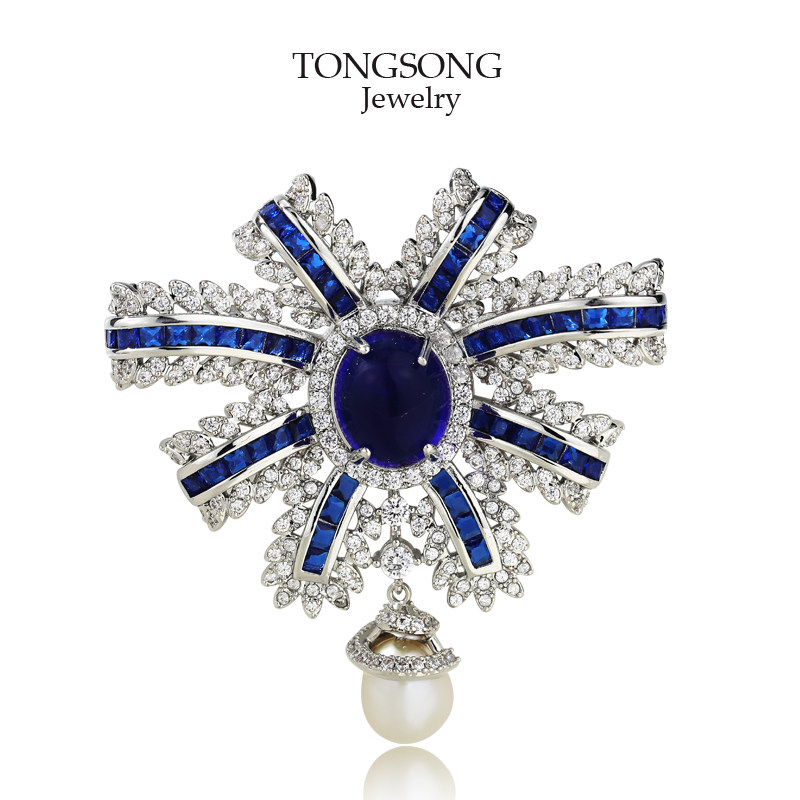 重工高品质高档微镶锆石淡水珍珠蓝宝石烟花胸针大衣西装配饰胸花