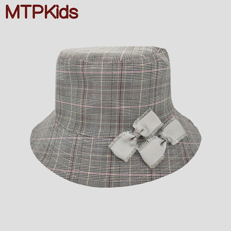 秋季帽子女毛呢格子平沿百搭格子蝴蝶结水桶渔夫复古学生女孩盆帽