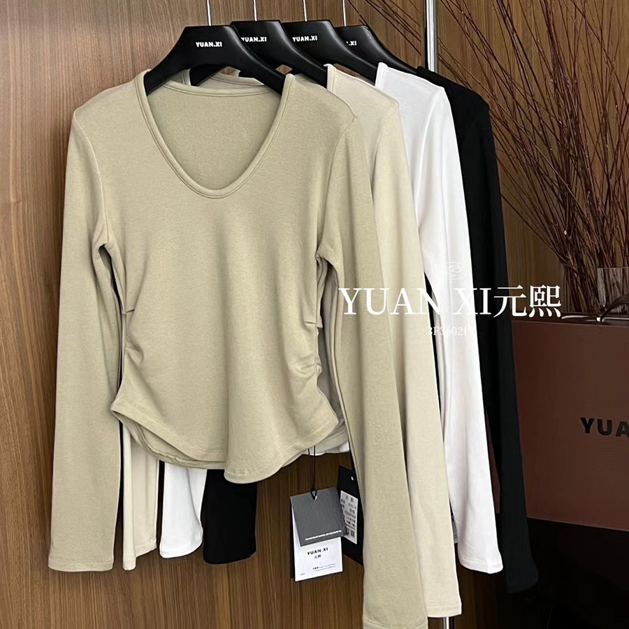 元熙3053-1正品V领秋冬加绒收腰显瘦打底衫女纯色褶皱不规则长袖T