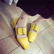 2017欧美春夏巴黎走秀款大方扣凉鞋浅口女单鞋方头粗跟女鞋高跟鞋