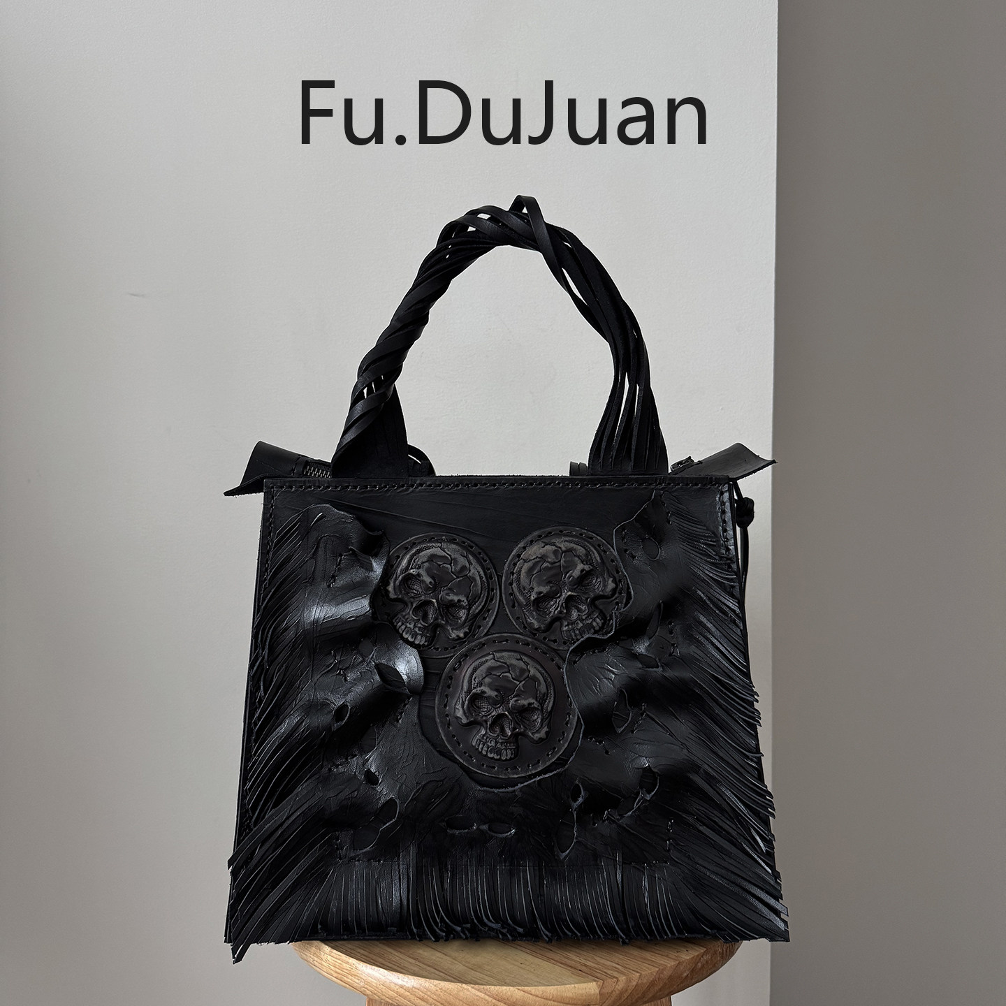 Fu.DuJuan 设计师原创 哥特骷髅头牛皮流苏手提 斜挎包 暗黑美学