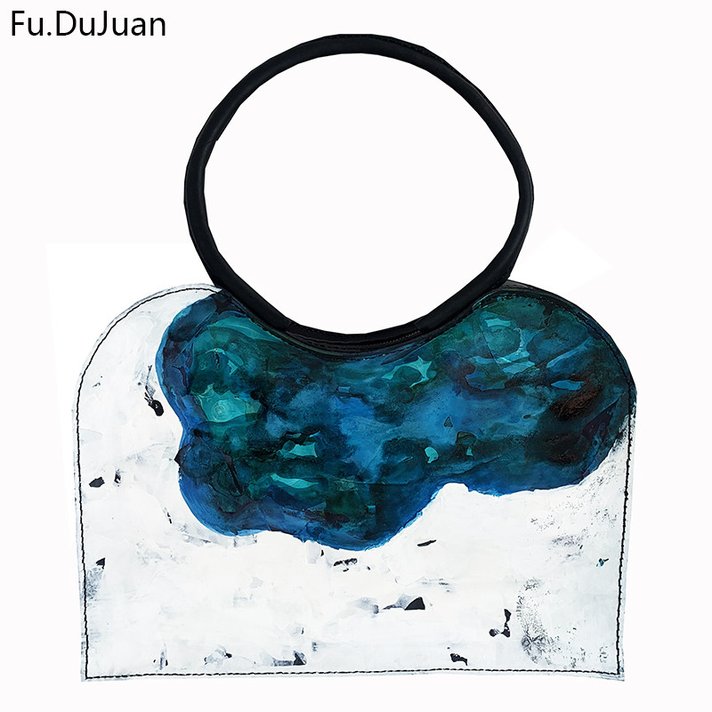 Fu.DuJuan 未来感包 冰湖蓝白 牛皮 腔调手绘 艺术包 真皮 单肩包