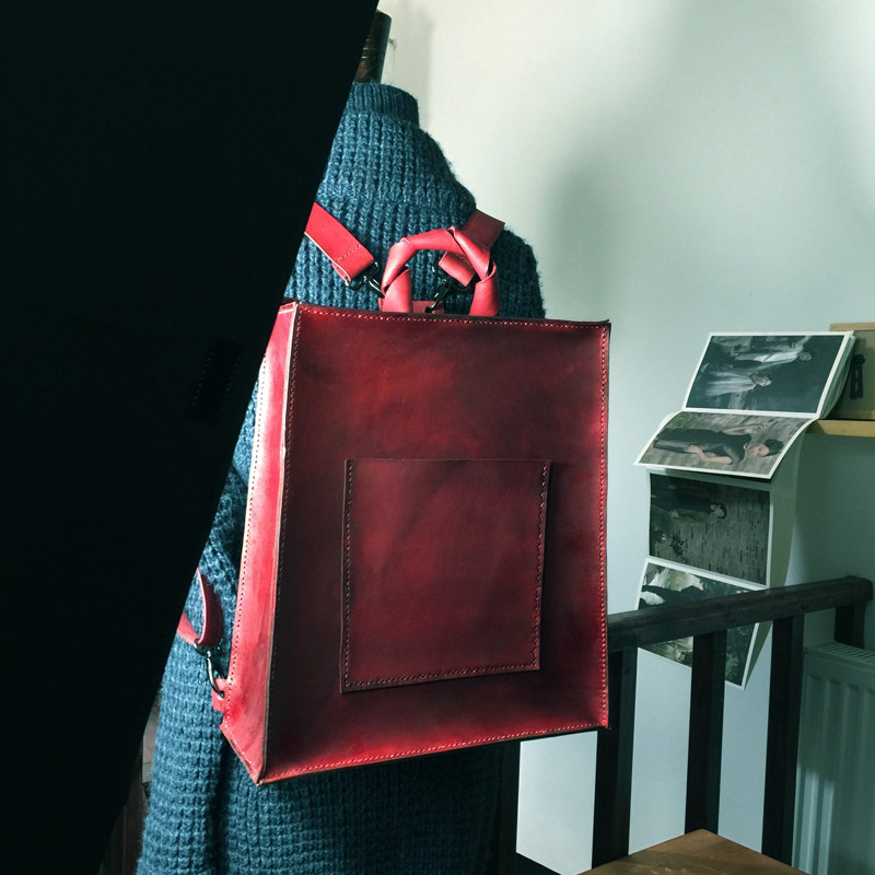 fudujuan设计师原创红 男女双肩包 双拉链牛皮包手工头层牛皮包