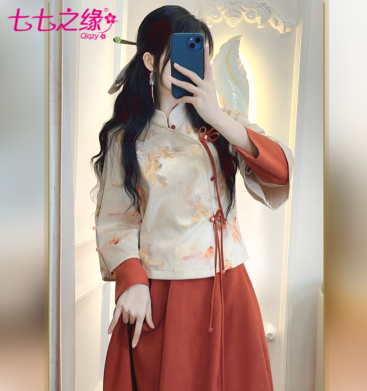 2023秋冬新中式套装半裙套装印花