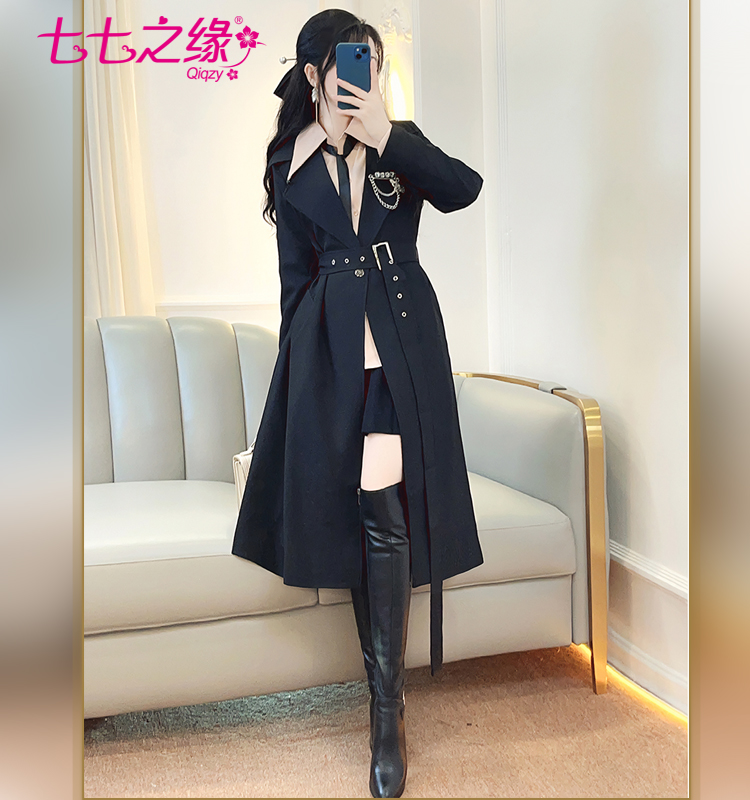 七七之缘大翻领中长款职业风衣