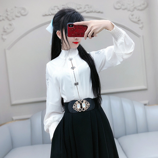 七七之缘春秋新款女装 白色刺绣立翻领改良国风灯笼长袖女衬衫