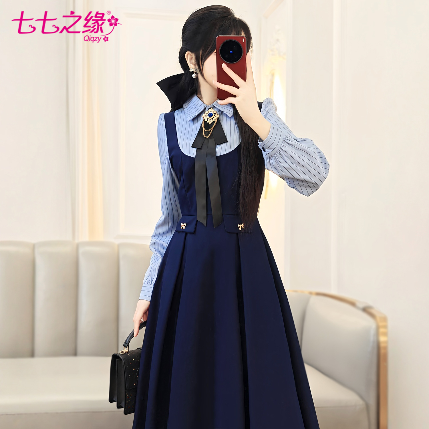 假两件拼接背心连衣裙长裙