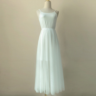 女装 百搭打底显瘦长裙 新品 七七之缘白色网纱吊带连衣裙夏季