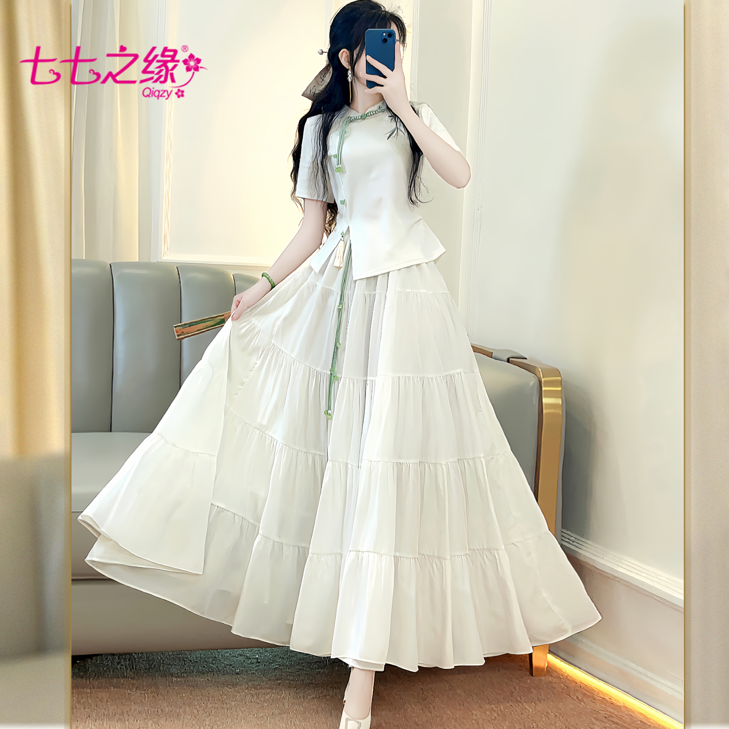 新中式休闲T恤+大摆长裙.套装