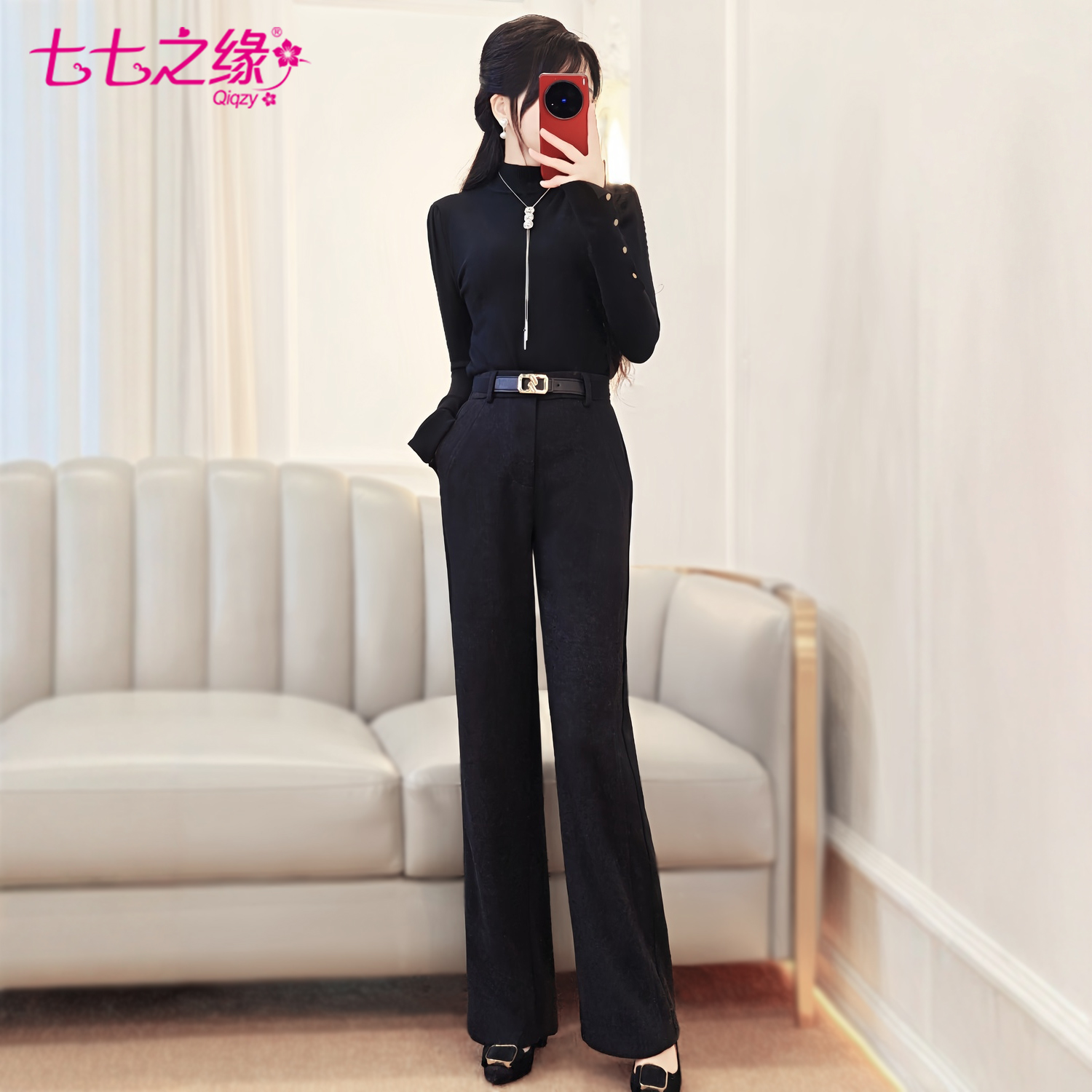 黑色针织衫百褶半身长裙两件套