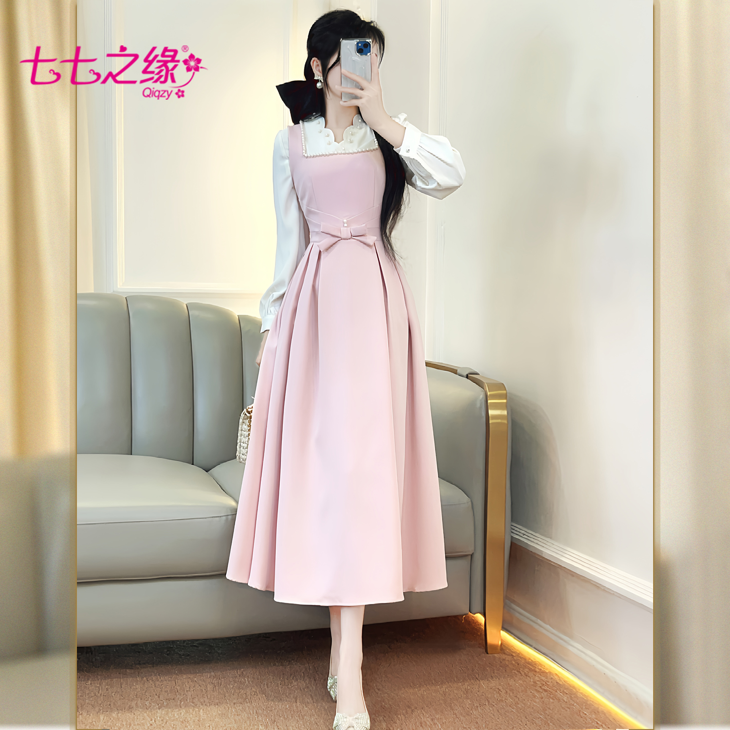 收腰背心连衣裙珍珠边蝴蝶结