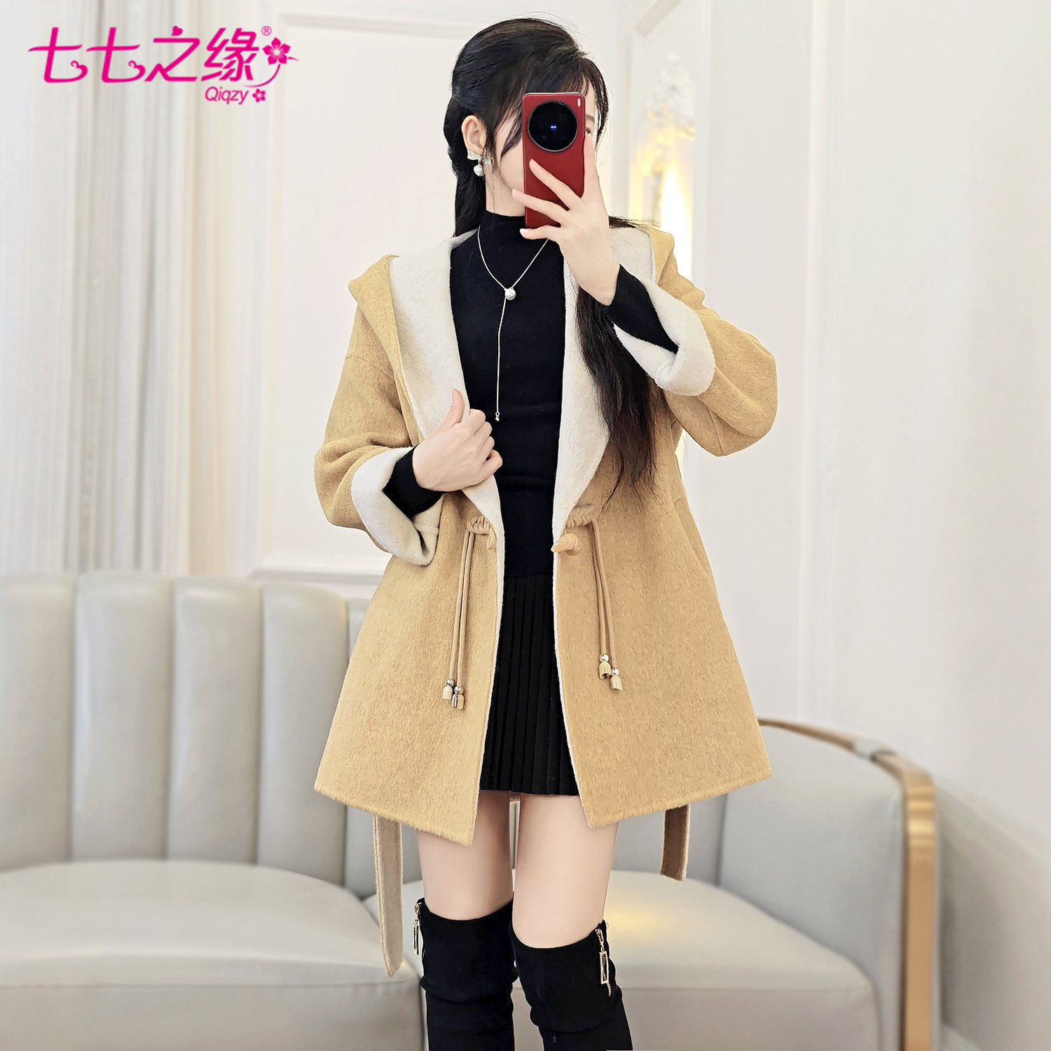 秋冬新款韩版连帽双面呢大衣外套