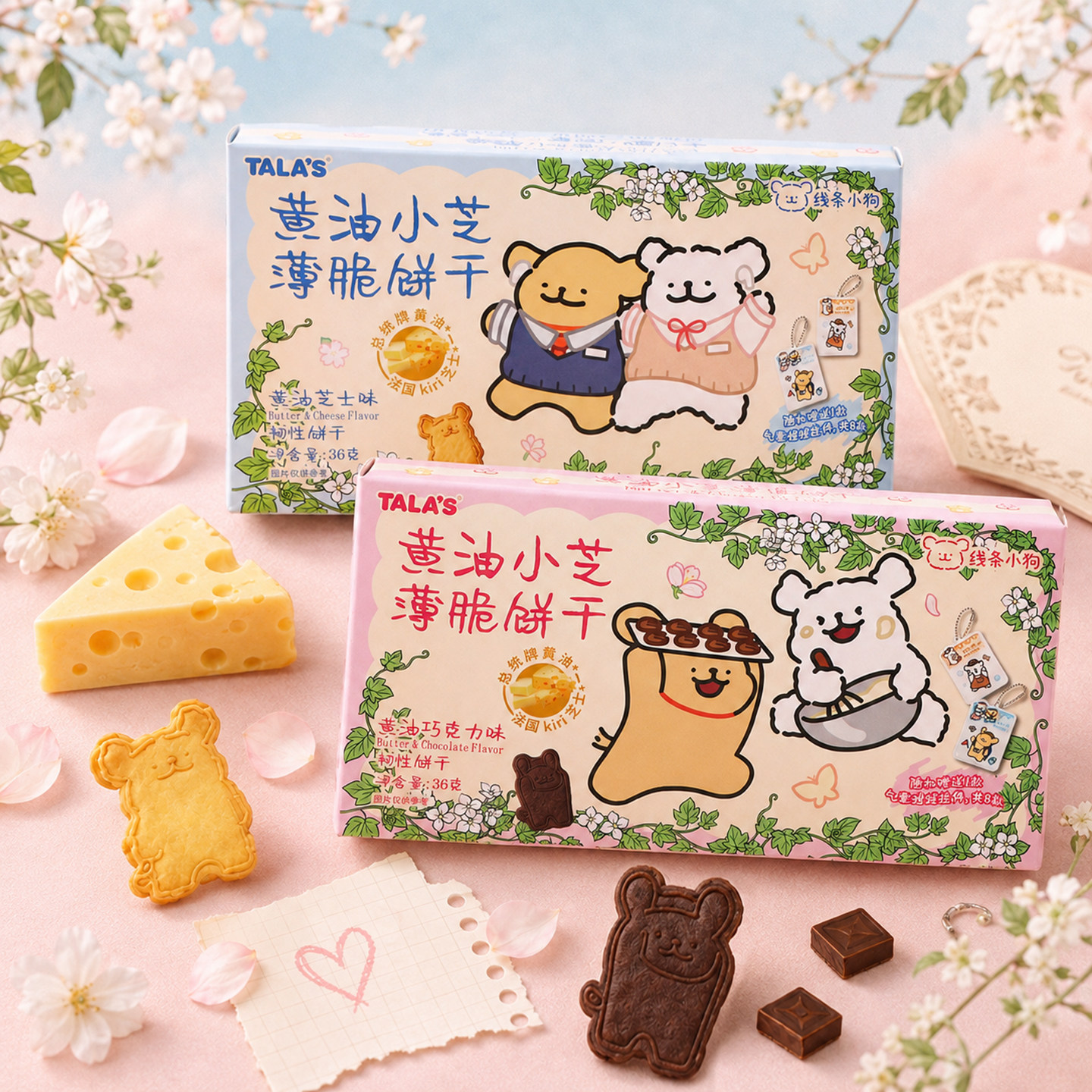 TALA'S线条小狗联名黄油小芝巧克力味薄脆饼干卡通随机一款挂件
