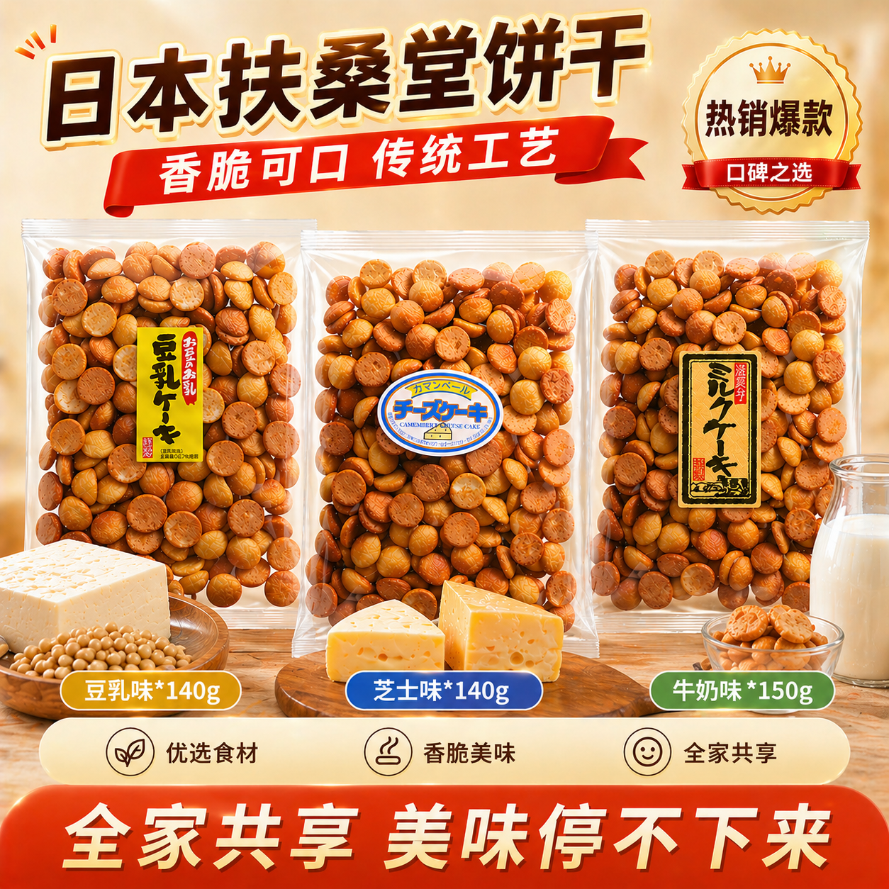 日本原装进口零食扶桑堂酥脆饼干豆乳牛奶芝士味休闲食品小吃袋装