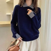 口条纹翻领套头假两件毛衣 085 袖