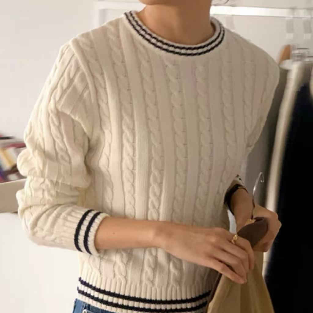 3432/圆领麻花撞色针织衫-yyy-10.28