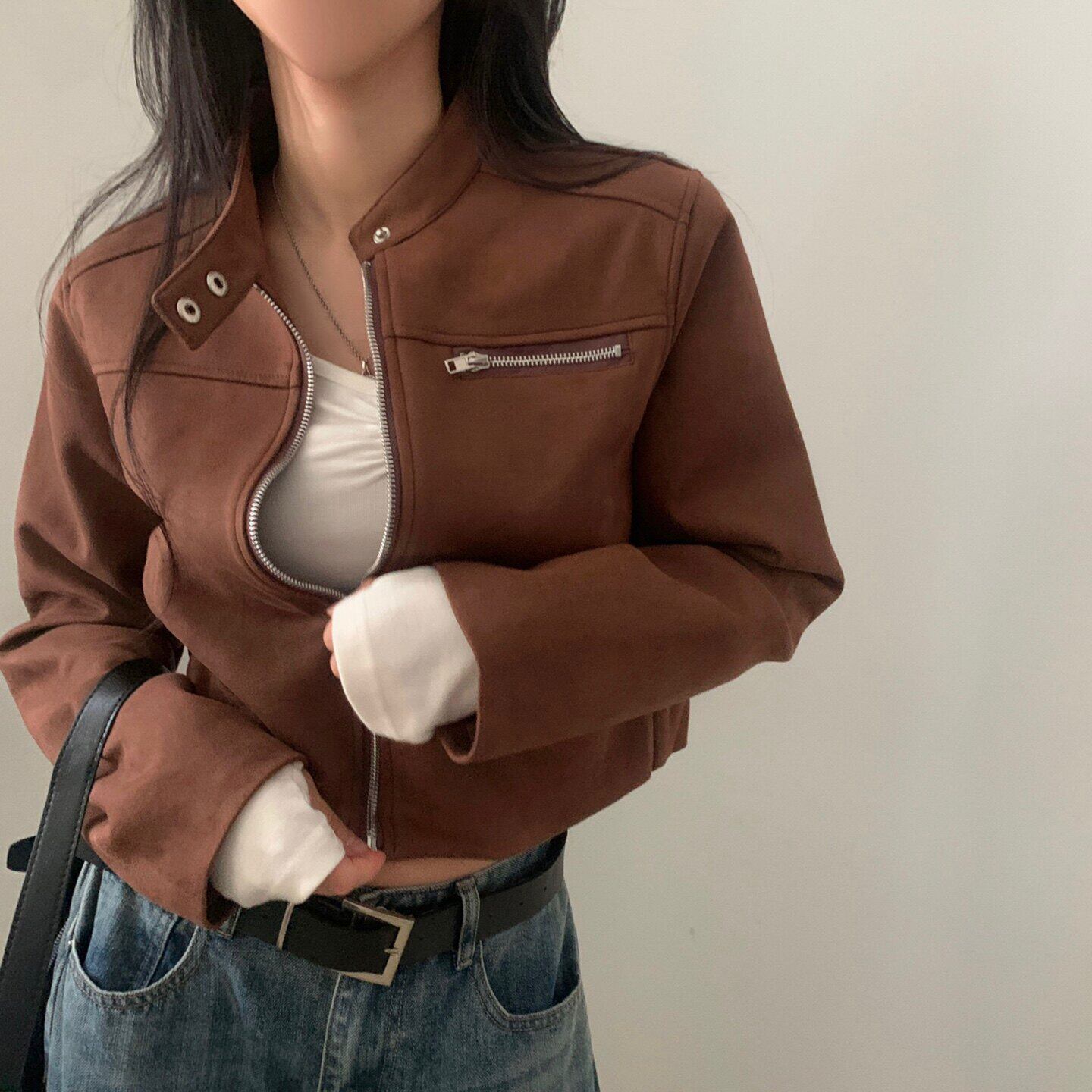 韩国chic秋季新款小众帅气立领仿麂皮绒长袖拉链机车服皮衣外套女