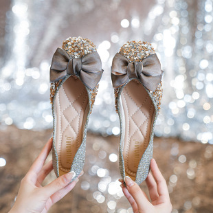 女水钻2022韩版 飘鞋 新款 仙女水钻女鞋 女 蝴蝶结浅口软底鞋 方头鞋