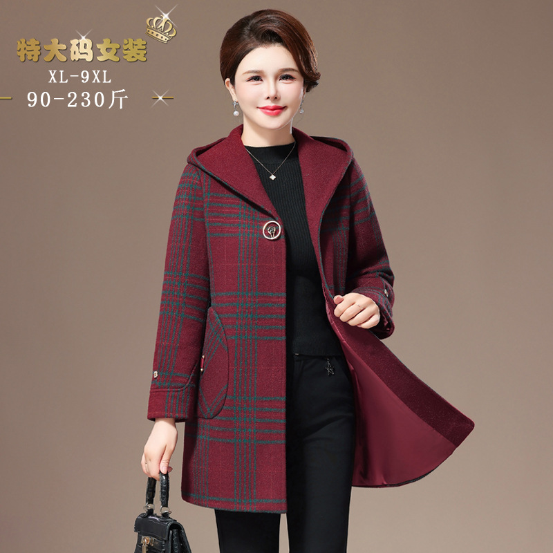 中老年女士时尚妈妈格子毛呢大衣女中长款78xl加肥秋冬羊毛呢外套