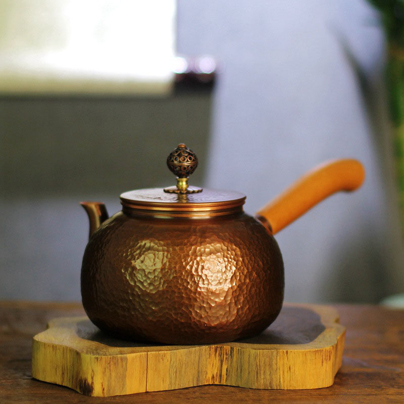 侧把紫铜锤纹壶包浆仿古中式锤目纹铜茶壶榉木手柄家用纯铜广水壶