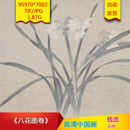 八花图卷元代钱选作品高清国画电子版大图片高清装饰画芯临摹素材
