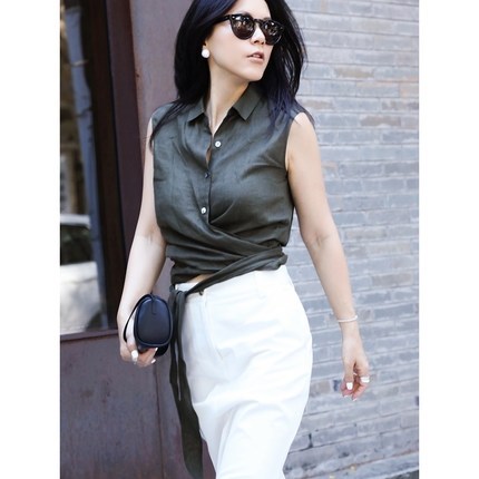 TANG TOWN 自制 夏日出街利器 轻柔清凉亚麻围裹式系带无袖衬衫