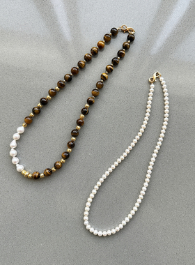 TANG TOWN  虎眼石天然巴洛克珍珠+淡水珍珠项链 单戴/叠戴
