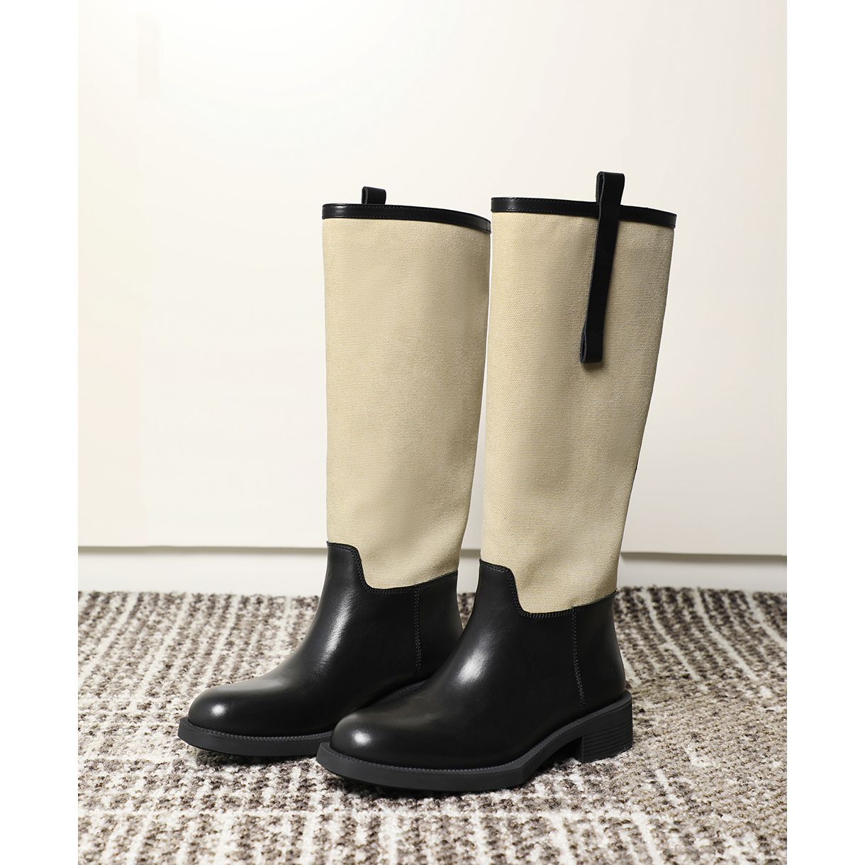 TANG TOWN 2025新款真皮靴子高筒靴 胎牛皮+帆布直筒靴骑士靴 女