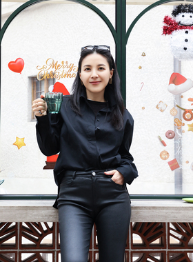 TANG TOWN 通勤王OL百搭棉黑色白色时髦叠穿长袖衬衫