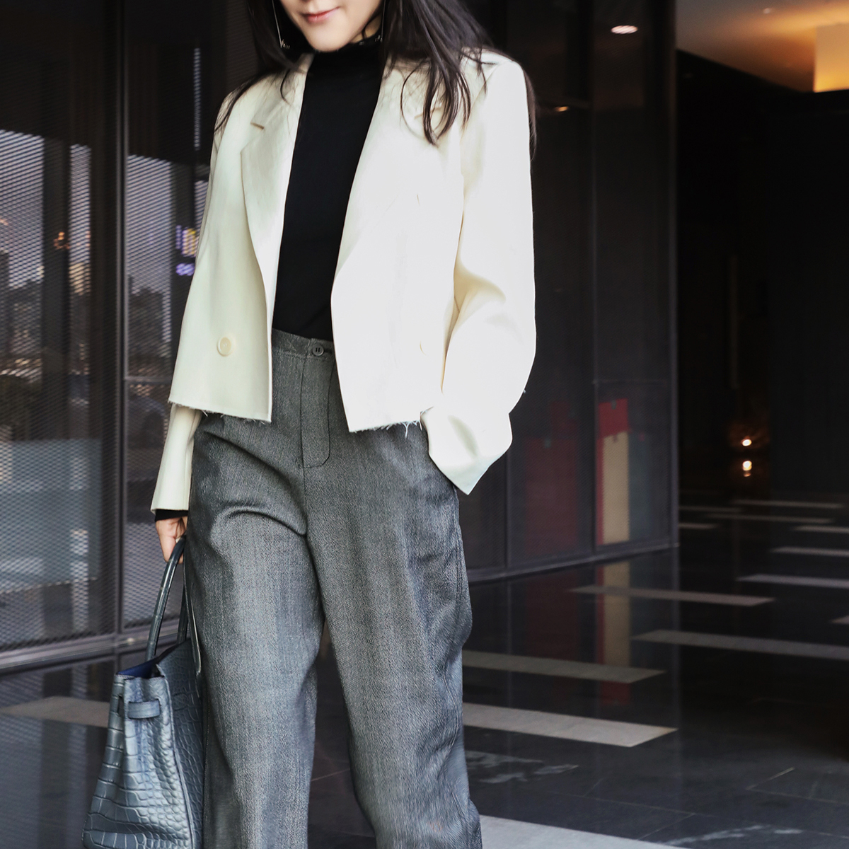 TANG TOWN 自制 精纺羊毛垂挺有型 设计感下摆毛边时装短西装外套