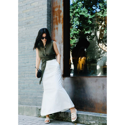 TANG TOWN 自制 挺阔全棉 美式工装风侧边褶裥直筒长半裙/鱼尾裙