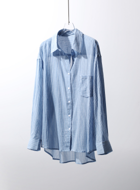 TANG TOWN 26早春新品 日系复古宽松细格纹翻领长袖衬衫/防晒衫