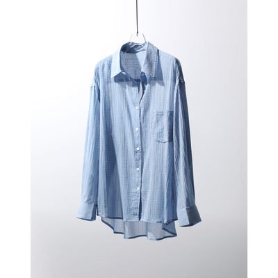 TANG TOWN 26早春新品 日系复古宽松细格纹翻领长袖衬衫/防晒衫