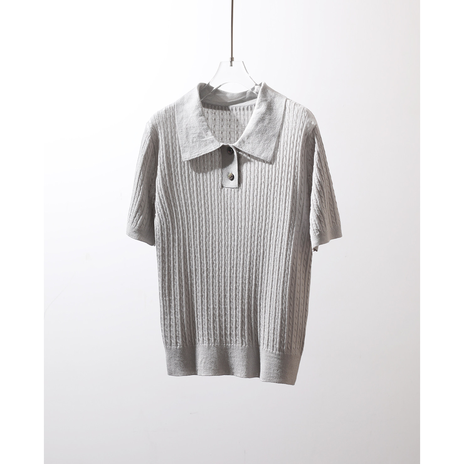 TANG TOWN 重磅桑蚕丝羊绒软糯舒适立体绞花麻花短袖Polo领针织衫