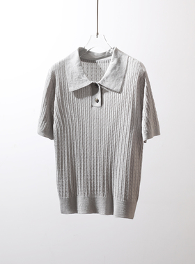 TANG TOWN 重磅桑蚕丝羊绒软糯舒适立体绞花麻花短袖Polo领针织衫