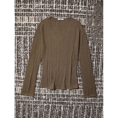 TANG TOWN自制 时髦早秋 全羊毛轻薄坑条编织镂空V领喇叭袖针织衫