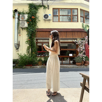 TANG TOWN 自制 立裁连腰修胯显瘦时髦宽松阔腿裤纯棉翻边九分裤