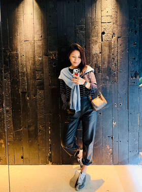 TANG TOWN灵动/简约/轻松 裸感软垂/醋酸棉轻薄细条纹空气面膜T恤