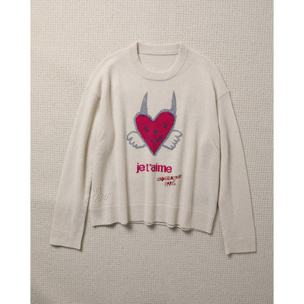 TANG TOWN 重磅奢华/烫钻镶嵌/钻闪纯羊绒提花爱心针织衫/毛衣