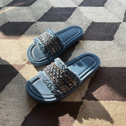 TANG TOWN牛仔蓝链条编织流苏沙滩拖鞋女2024新款柔软舒适TTXZ012