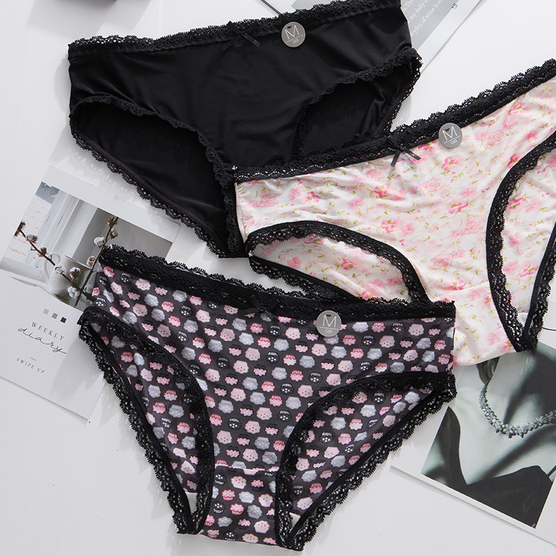 包邮新款低腰冰丝内裤外印花蕾丝边可爱少女舒适无痕青年女c23