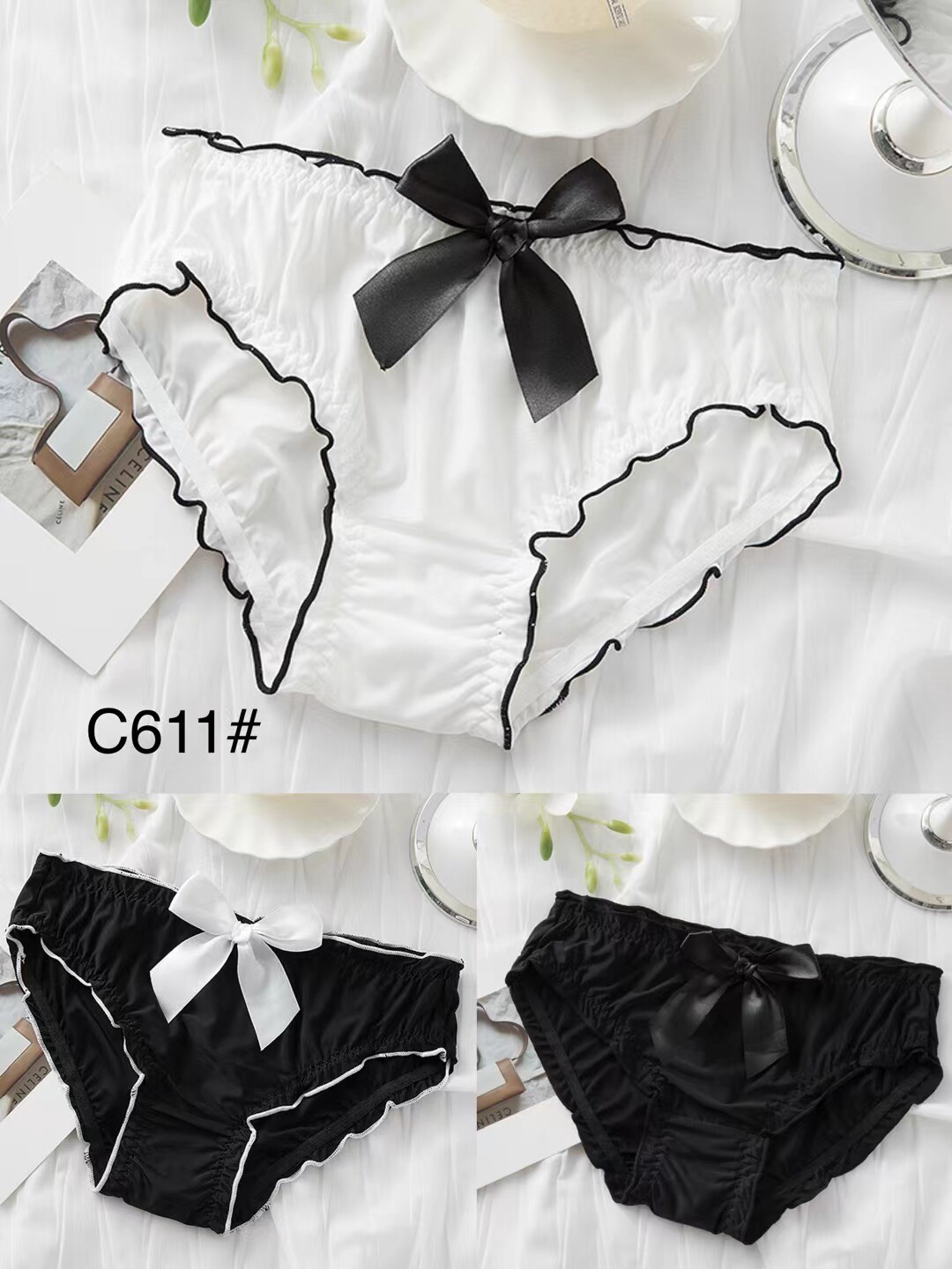 包邮糖c611蝴蝶结可盐可甜丝质光感中腰透气冰丝少女内裤代拼色