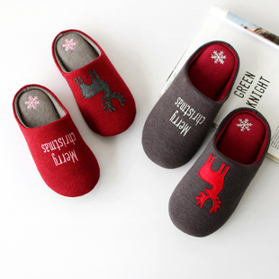 卡通圣诞鹿男女室内家用静音拖鞋 情侣亲子儿童棉拖鞋 秋冬季 日式