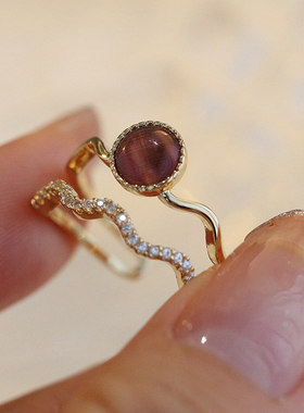 复古宫廷暗夜紫色猫眼石戒指轻奢时尚个性小巧法式双层小众开口戒