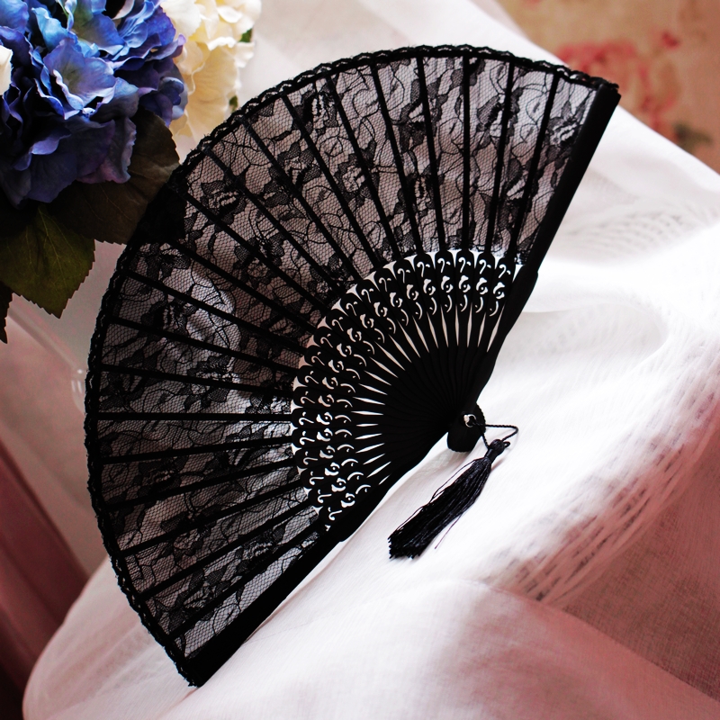 女士搭配旗袍舞蹈小折扇黑色蕾丝古风古典复古汉服折叠中国风扇子
