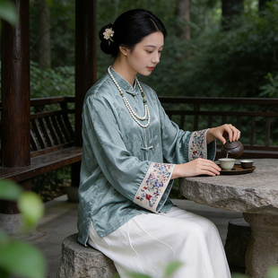 国风外套茶服 改良唐装 新中式 通勤提花亚麻人丝天丝刺绣上衣女长袖